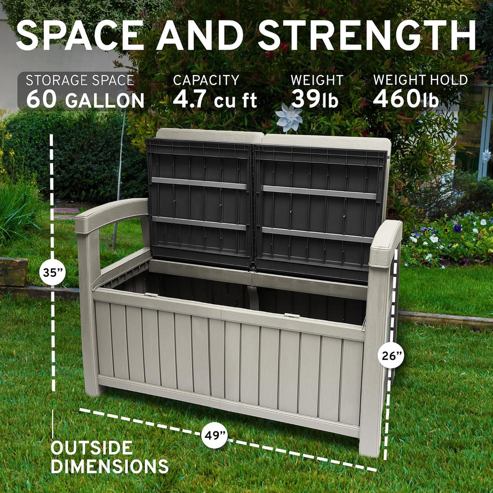 EconoHome 2 Seat Outdoor Storage Bench with Rain Cover - 60 Gallon Capacity -...