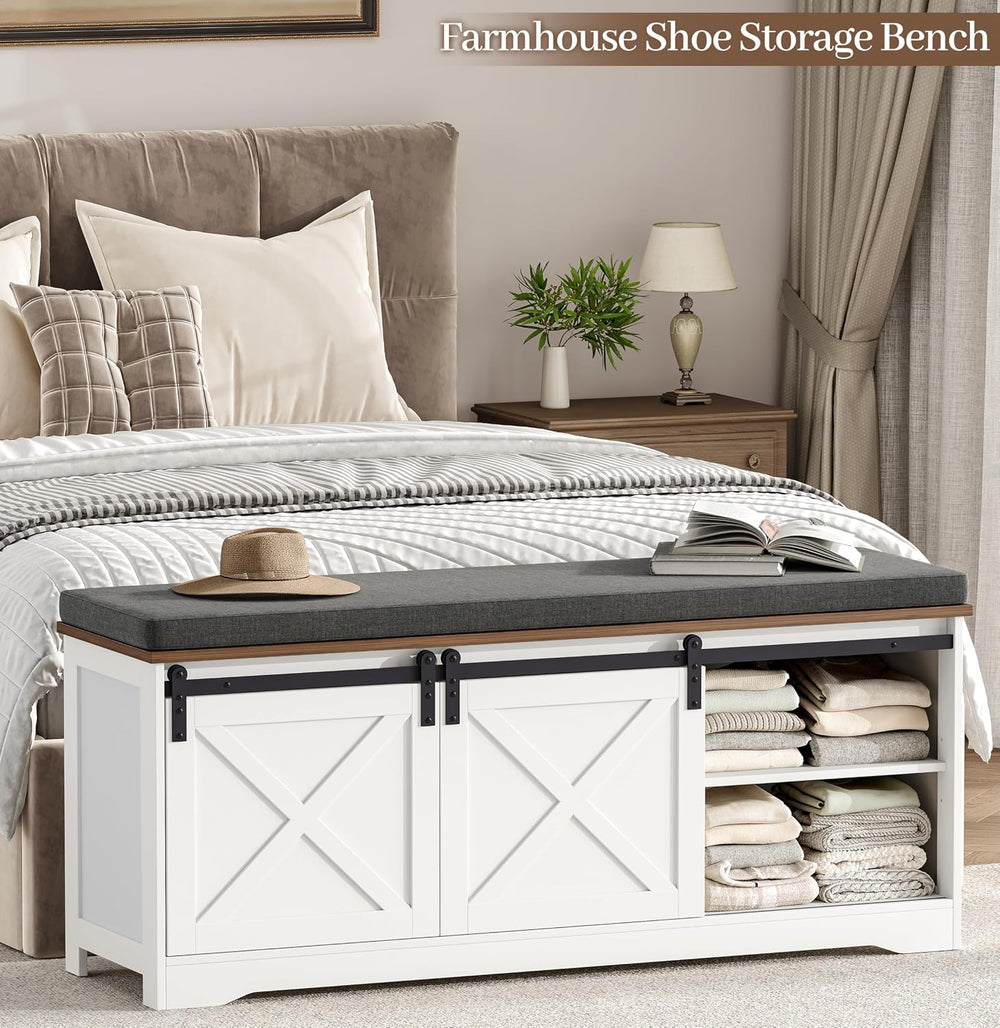 Farmhouse Storage Bench with Cushion, 47.2" Shoe Bench with Slide Barn D...