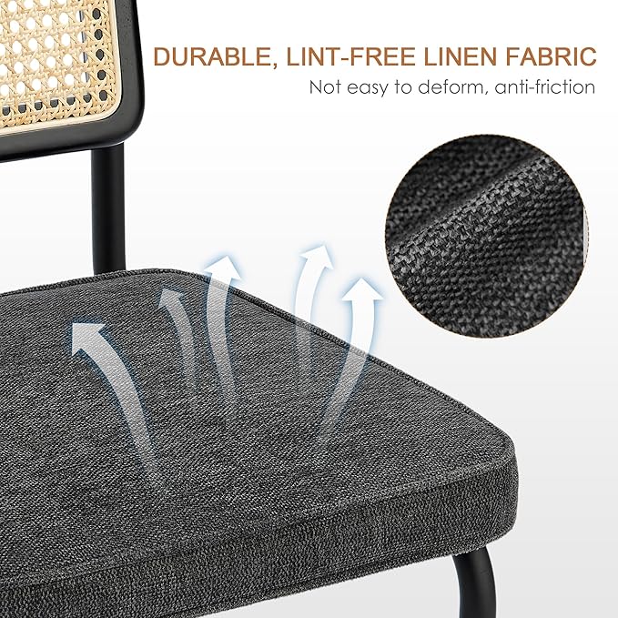 Zesthouse Rattan Dining Chairs Set of 2, Mid Century Modern Dining Room Chairs with Natural Cane Mesh & Black Metal Base, Ceaca Kitchen Chair with Upholstered Linen Fabric Cushion, Dark Grey