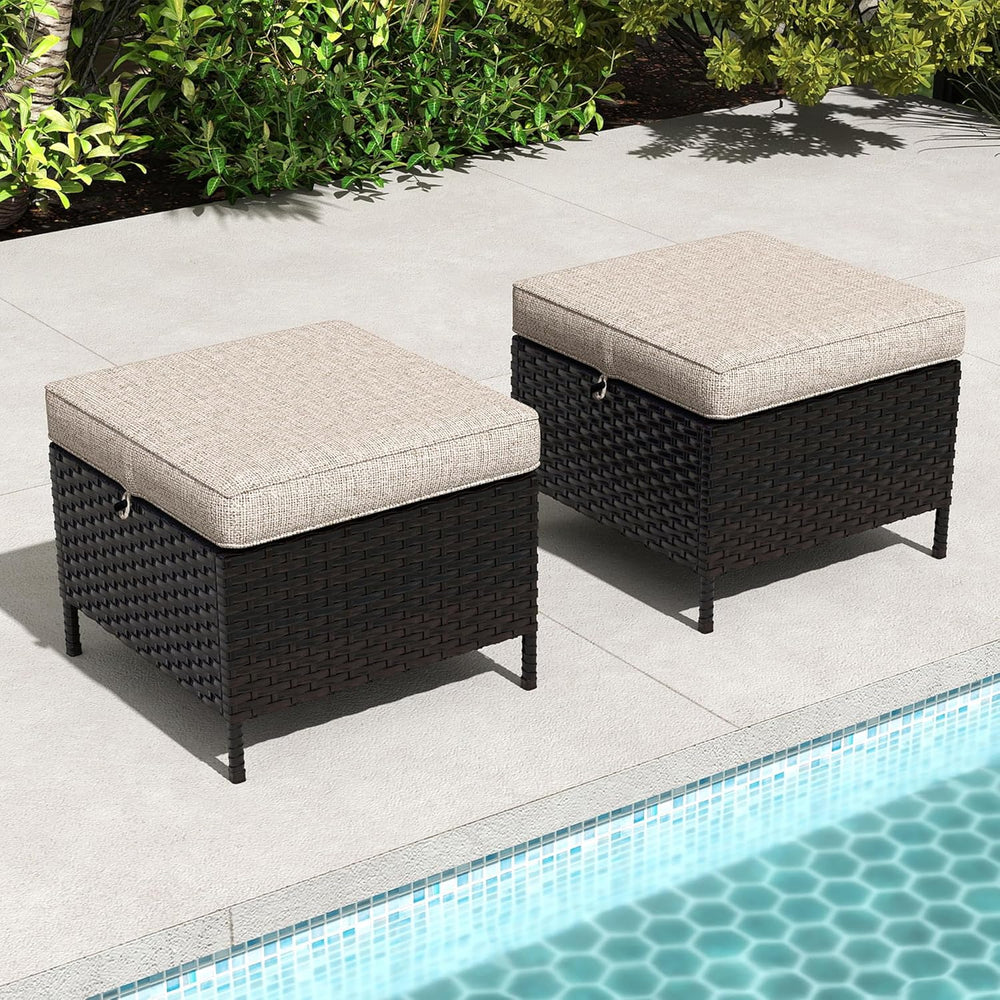2 Pieces Patio All-Weather Wicker Ottomans with Cushions, PE Rattan Outdoor C...