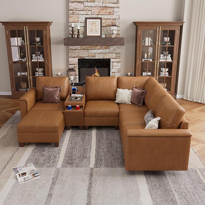 SITJOY 105" Faux Leather Modular Sectional Sofa with Storage, Mid Century Modern Sectional Couches for Living Room, 6 Seat V Shaped Couch with Ottoman and Console Table, Hidden Cupholders, Brown