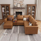 SITJOY 105" Faux Leather Modular Sectional Sofa with Storage, Mid Century Modern Sectional Couches for Living Room, 6 Seat V Shaped Couch with Ottoman and Console Table, Hidden Cupholders, Brown