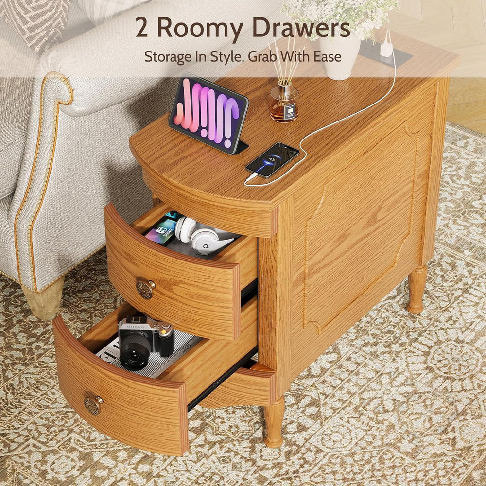 End Table Set of 2 with Charging Station, Narrow Side Table with 2 Drawer, Wo...