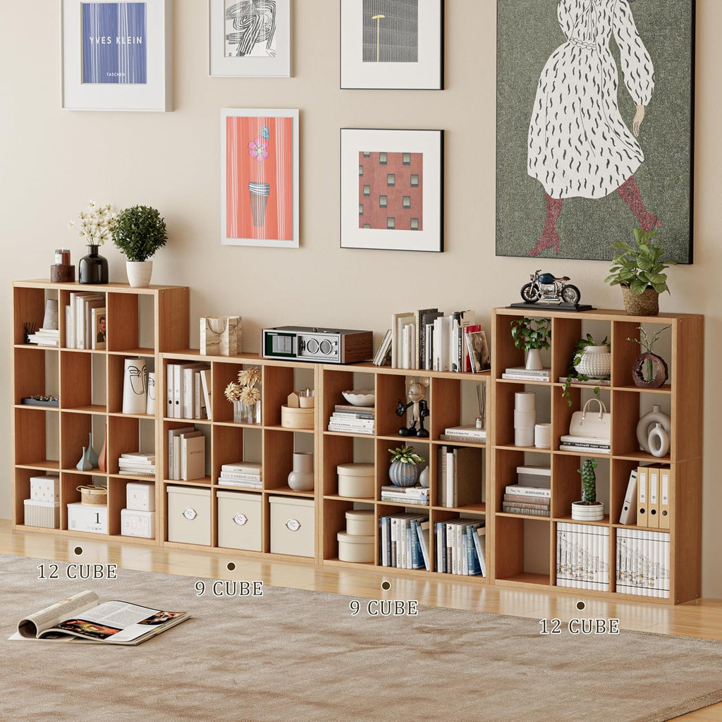 Cube Storage Organizer Bookcase, Decorative 11 inch Open Back Cubical Shelf with Thickened Border, Display Bookshelf for Living Room, Home Office, Sturdy Room (Natural Oak, 9 Cube)