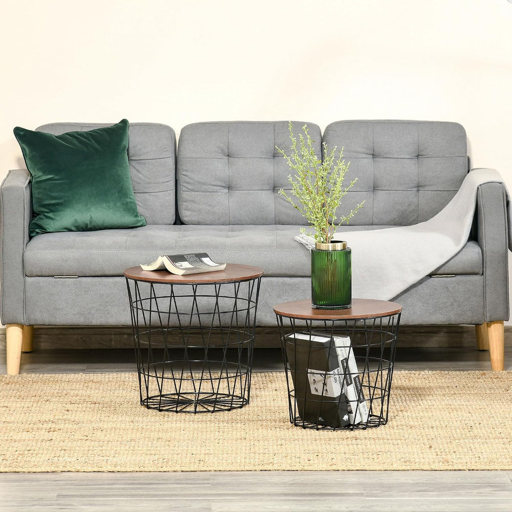 Nesting End Tables Set of 2 with Storage, Round Removable Tops, Black/Brown |...