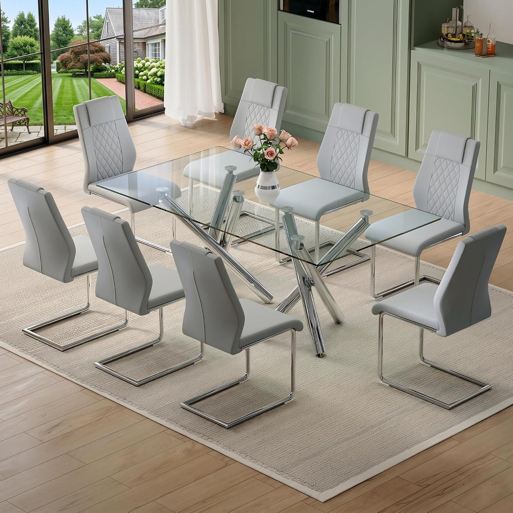 Ebullient 71" Glass Dining Table Set for 8, Dining Set Table and 8 Chairs