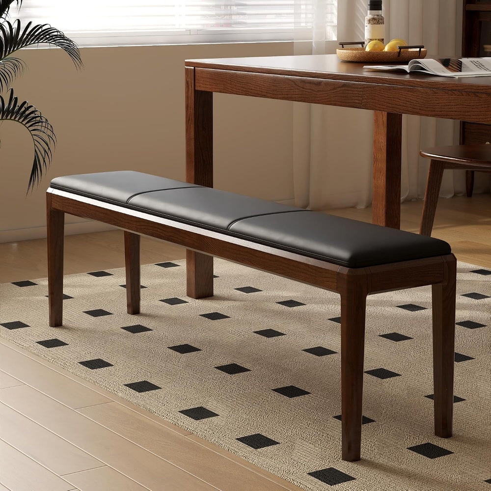 55" Solid Oak Dining Bench with Faux Leather Upholstered Seat, Mid Centu...