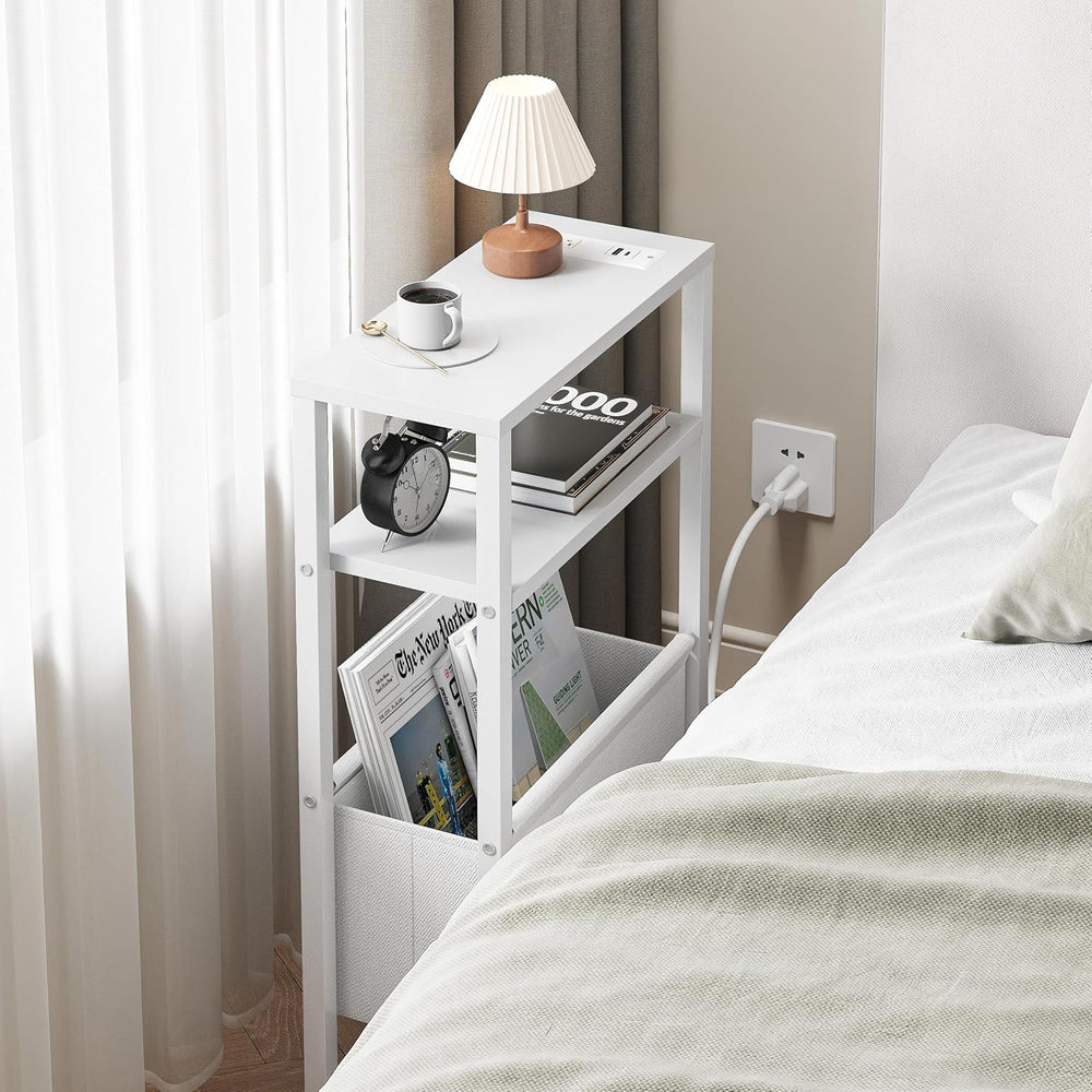 Narrow Side Table with Charging Station Slim End Table Sofa with Magazine Rac...