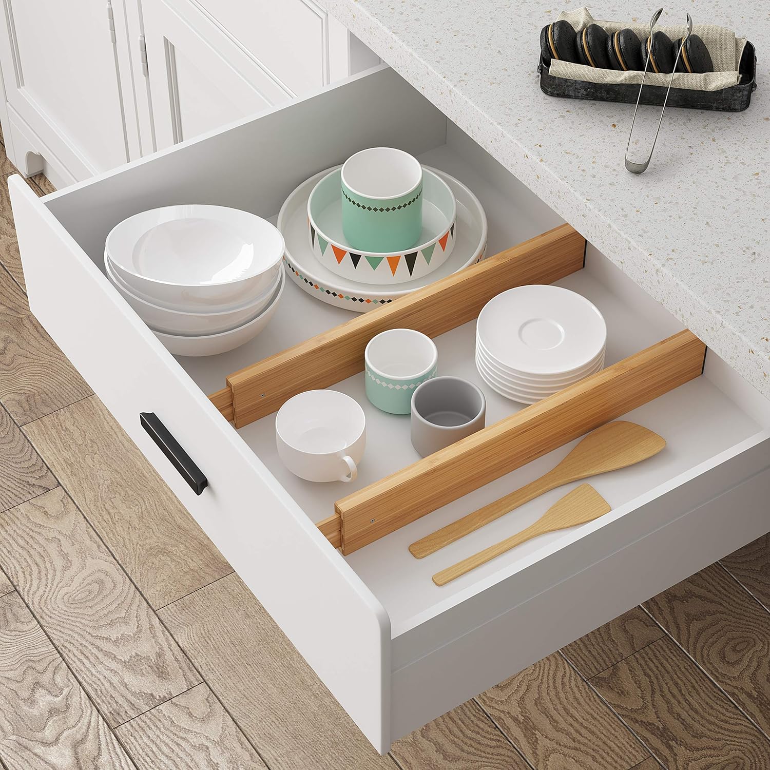BAMEOS Bamboo Expandable Drawer Dividers – Fits 16.6"–22" Drawers, 2" High, Set of 4 | Spring-Loaded Bamboo Separator for Kitchen Island, Bathroom Vanity & Dresser Drawers