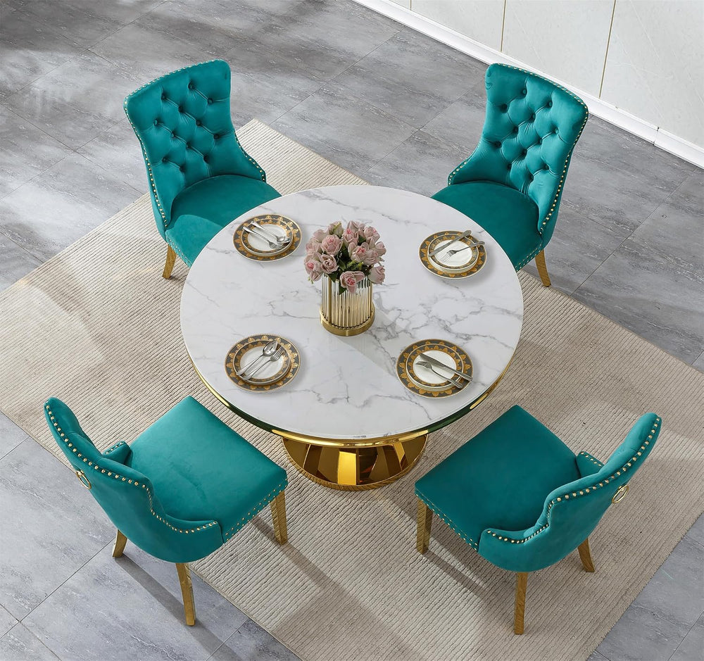 3-Piece Round Marble Dining Table Set for 4 with Velvet Chairs | Modern Faux ...