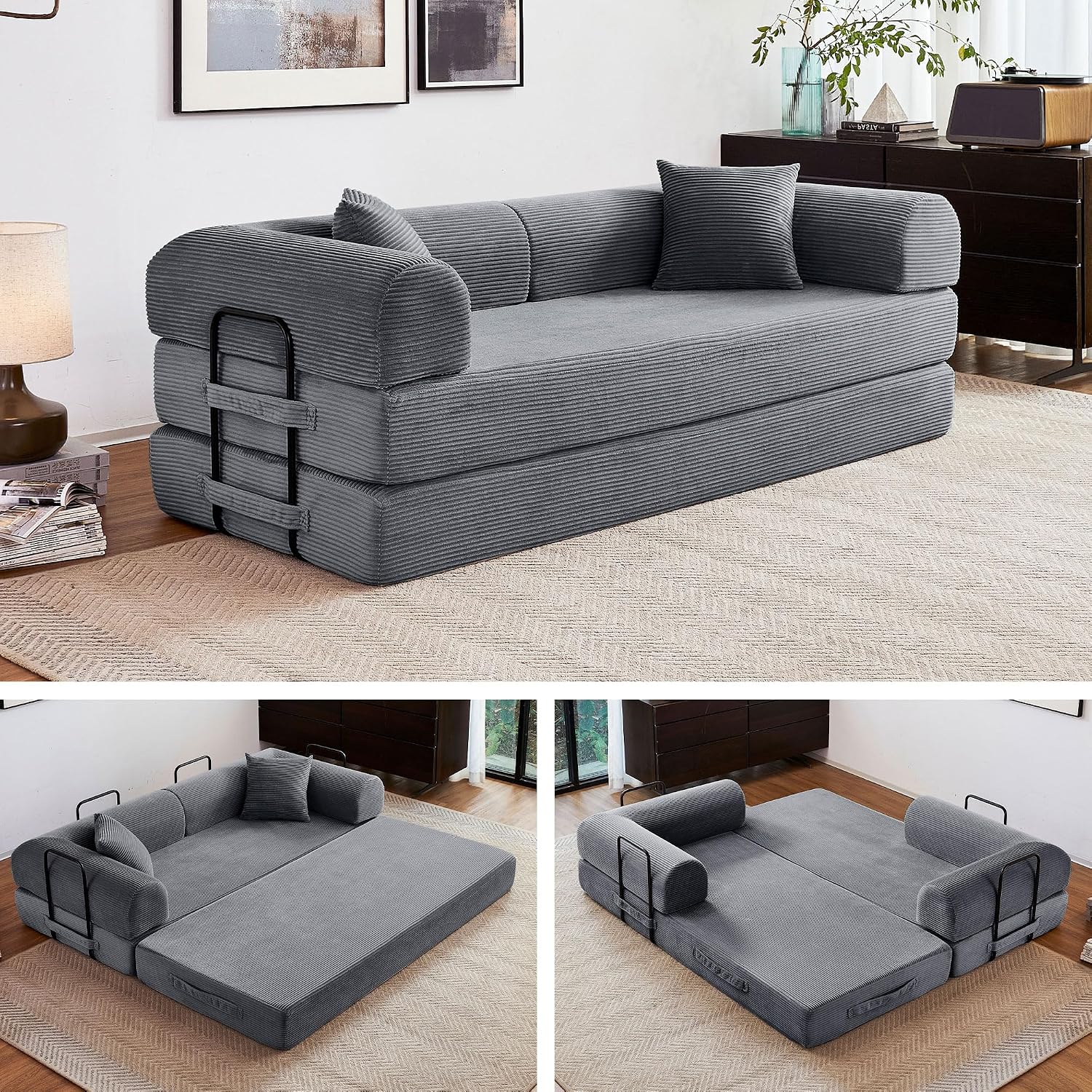 79" Convertible Sofa Bed, Boneless Sleeper Futon Couch for Living Room | 5-in-1 Sleeper Sofa, Boneless Pull Out Couches with Soft Corduroy, No Assembly Required, Apartment Friendly, Dark Grey