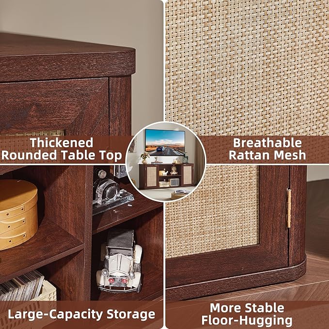 LEYAOYAO Rattan TV Stands for Living Room, Boho Entertainment Center with Storage and Open Shelf, Wood Media Console for 50-65 Inch TV, Walnut