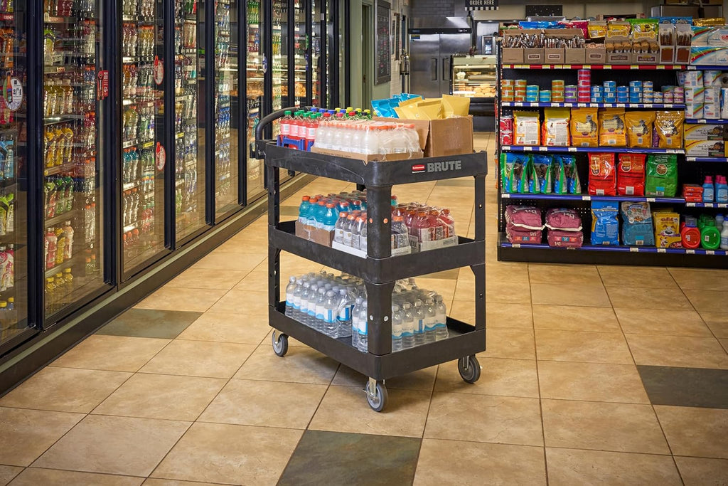 Rubbermaid Commercial Brute 3-Shelf Heavy-Duty Utility/Service Cart, Medium, High Storage, Lipped Shelves, Ergonomic Handle, 600 lb. Capacity, Ideal for Warehouse/Garage/Cleaning/Maintenance/Office