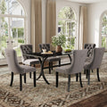 7-Piece Modern Dining Table Set, 63" Rectangular Black Faux Marble Dining Table with Curved Metal Legs and 6 Gray Velvet Upholstered Dining Chairs with Solid Wood Legs, Kitchen Furniture