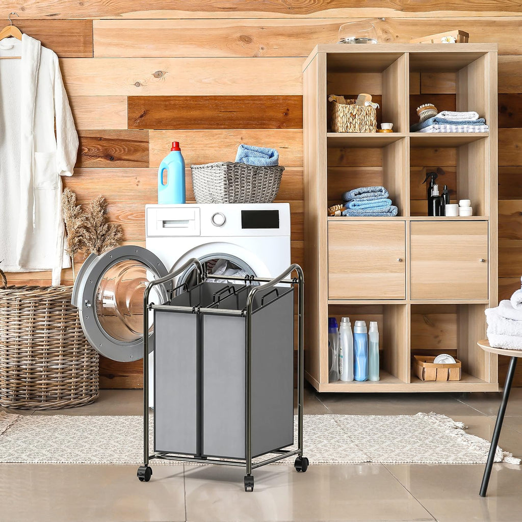Simple Houseware 2-Bag Heavy Duty Rolling Laundry Sorter Cart, Dark Gray – 2 Section Removable Bags and Lockable Wheels for Laundry Room Organization
