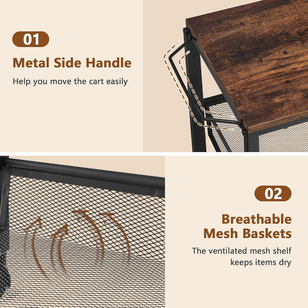 Hoctieon Rolling Storage Cart, 5-Tier 11.8" Wide Panel Kitchen Storage Cart, Utility Carts with Handle & Wheels, Mobile Shelving Unit, Metal Frame Narrow Carts for Home Kitchen, Laundry, Rustic Brown