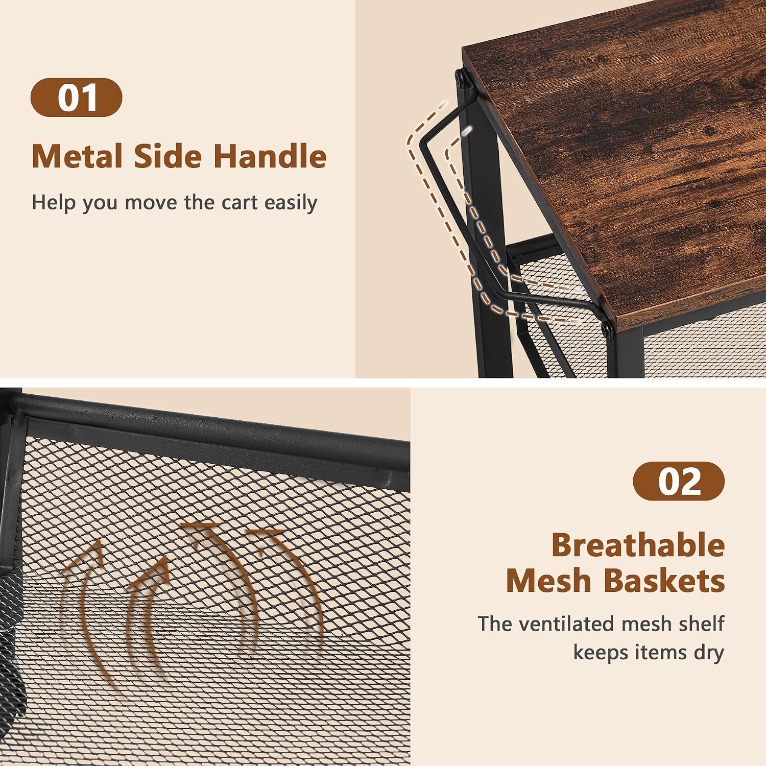 Hoctieon Rolling Storage Cart, 5-Tier 11.8" Wide Panel Kitchen Storage Cart, Utility Carts with Handle & Wheels, Mobile Shelving Unit, Metal Frame Narrow Carts for Home Kitchen, Laundry, Rustic Brown