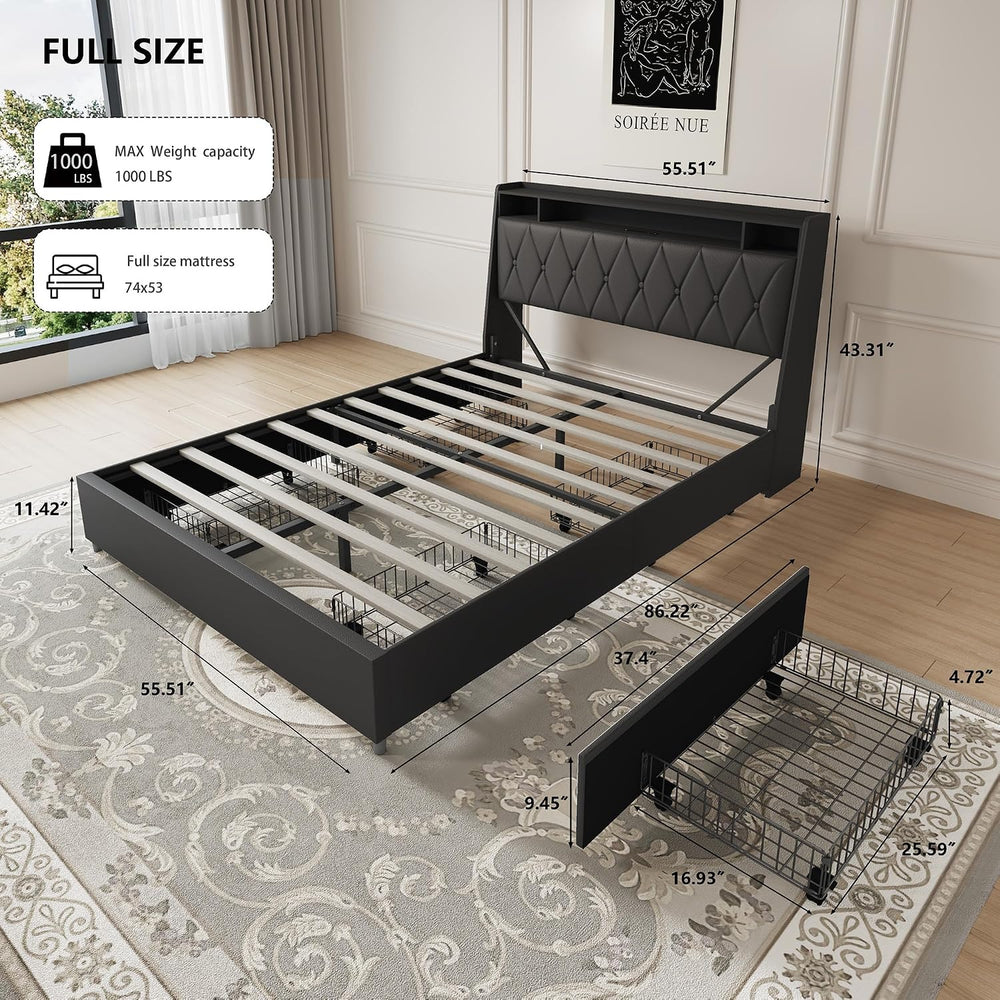 Peanu Full Bed Frame, Ergonomic Headboard, Charging Station Black