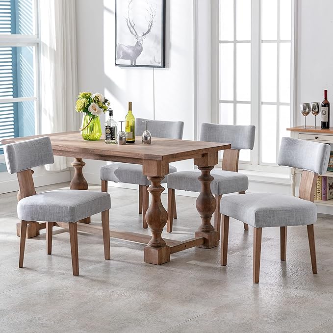 Linen Dining Chairs Set of 4, Modern Dining Chair with Wood Legs, Upholstered Dining Chairs for Dining Room, Kitchen, Vanity, Living Room, Grey