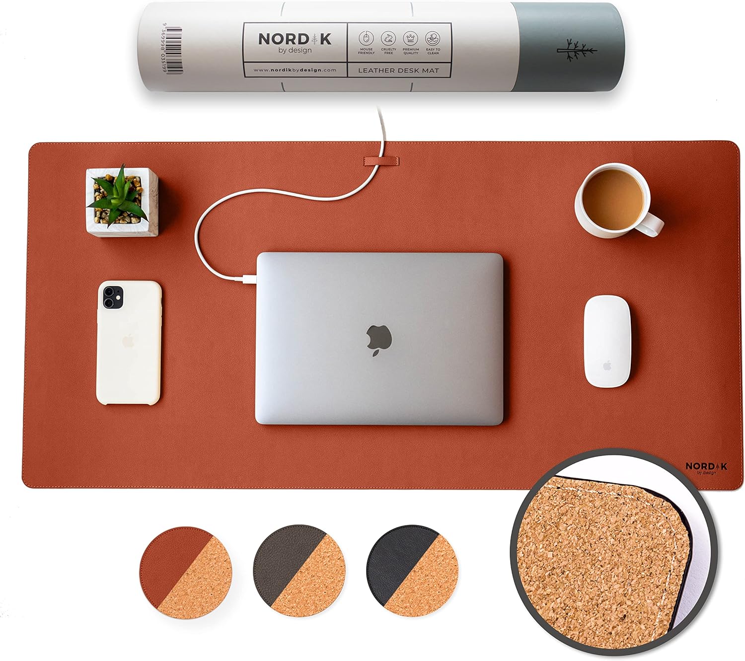 Nordik Cork Leather Desk Mat Cable Organizer - Saddle Brown 35 X 17 inch - Premium Extended Mouse Mat for Home Office Accessories - Non-Slip Vegan Leather Desk Pad Protector & Desk Blotter Pad