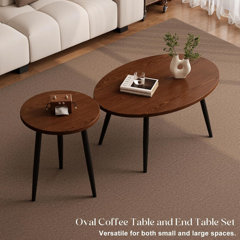 2 Pcs Small Oval Coffee Table,31.5" Retro Walnut Coffee Tables Nesting T...