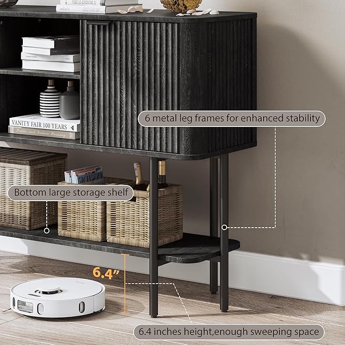 Fluted Console Table with Storage, 47" Long Entryway Table with with 2 Door Cabinets and Open Storage Shelf, Wood Sofa Table Behind Couch for Hallway Entrance Foyer Living Room, Black Grey