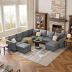 SITJOY 113" Faux Leather Modular Sectional Sofa with Storage, Mid Century Modern Sectional Couches for Living Room, Soft Padded Armrests, 9 Seat V Shaped Sectional Couch with Chaise, Gray