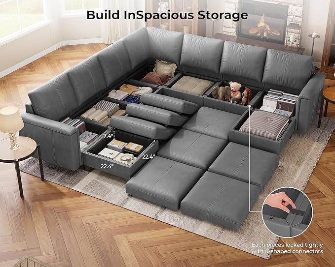 SITJOY 113" Faux Leather Modular Sectional Sofa with Storage, Mid Century Modern Sectional Couches for Living Room, Soft Padded Armrests, 9 Seat V Shaped Sectional Couch with Chaise, Gray
