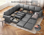 SITJOY 113" Faux Leather Modular Sectional Sofa with Storage, Mid Century Modern Sectional Couches for Living Room, Soft Padded Armrests, 9 Seat V Shaped Sectional Couch with Chaise, Gray