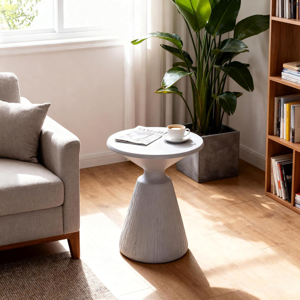 IRONORA Textured Concrete Accent Side Table, Hourglass Shaped Round Outdoor E...