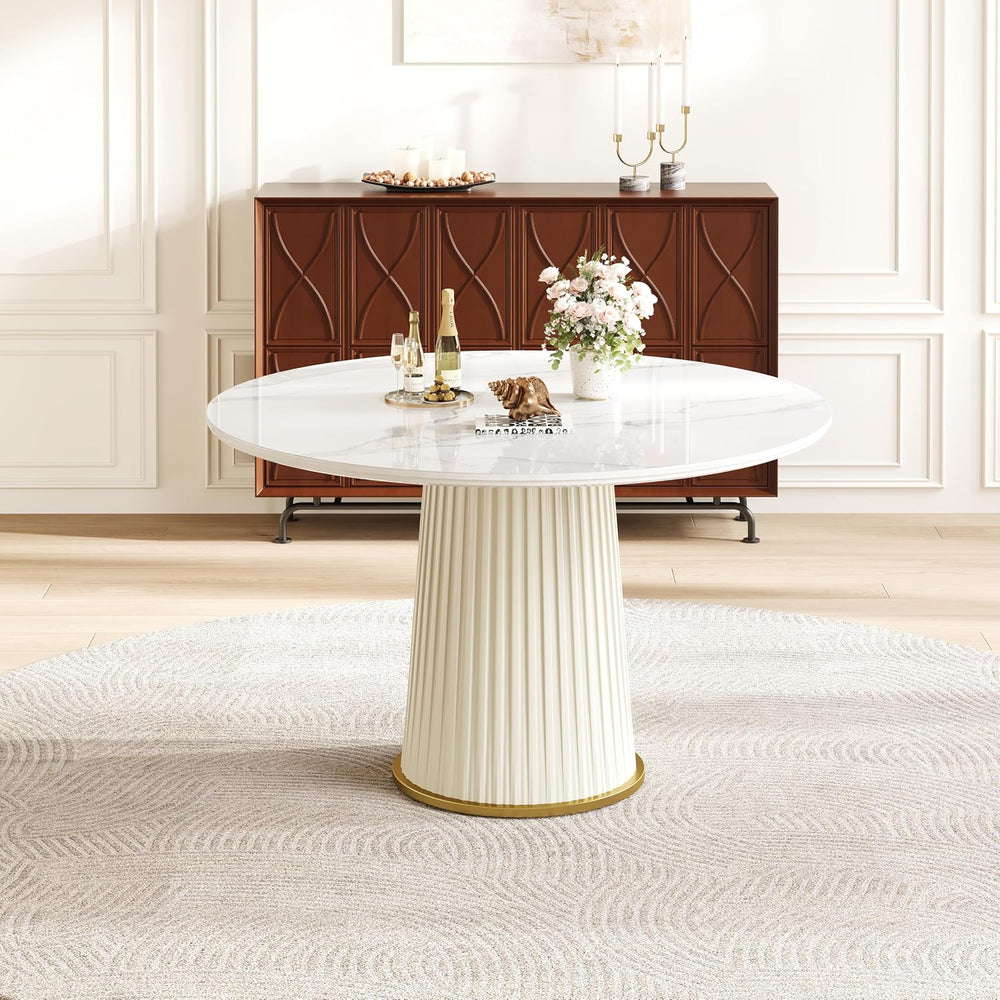 White Dining Table 43.30" Round Kitchen Table with Imitation Marble Grai...