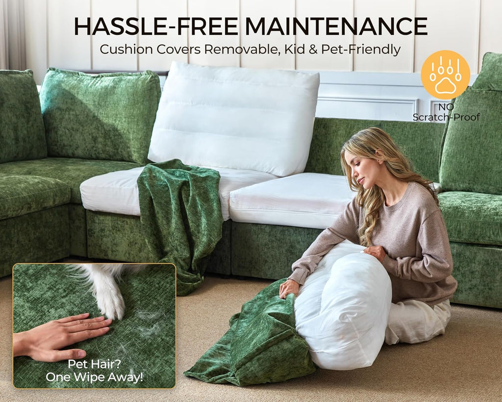 155.9'' Oversized Modular Sectional Sofa Plush Cloud Couch with Storage, Convertible Deep U-Shaped Couch with Chaises for Living Room, 6-Seater with Corner and 2 Ottomans, Chenille, Green