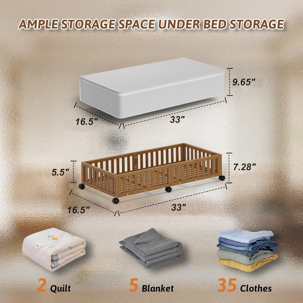 Bamboo Under Bed Storage Containers with Wheels, 2 Pack Large Under the Bed Shoe Storage Bins, Wood Rolling Underbed Drawers Organizer for Bedroom Closet Clothes Blanket Under Crib Toy Walunt