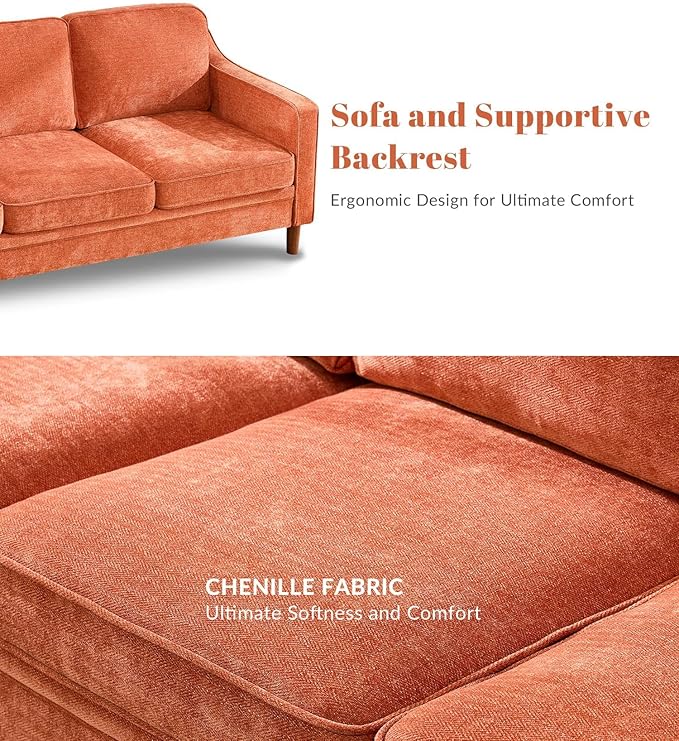 Kingfun Living Room Furniture Sets, 3 Seater Couch and Armchair, Mid Century Modern Sofa Set, Chenille Couch with Solid Wood Frame for Living Room & Bedroom, Orange
