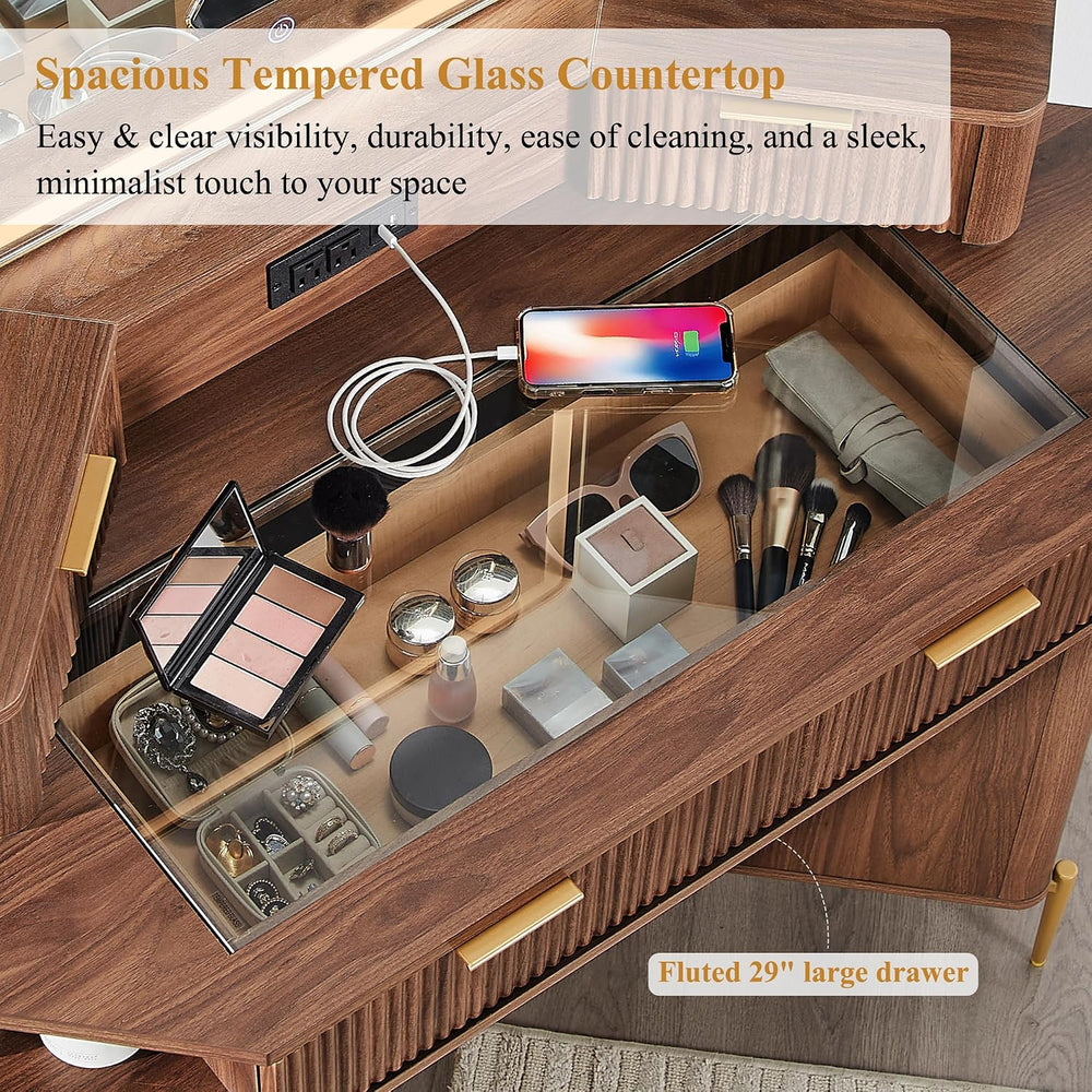T4TREAM 48" Corner Makeup Vanity with Lighted Triple Mirror, Light Walnu...
