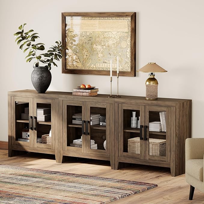 WAMPAT Farmhouse TV Stand for TVs up to 85”, Rustic Wood Entertainment Center with Adjustable Shelf, Glass Doors & Storage, Media Console Cabinet for Living-Room, Bedroom, Brown