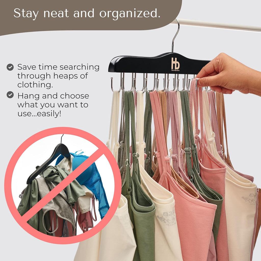 Large Bra Hanger and Bra Organizer for Closet – Tank Top Hanger Space Saving for House, Dorm, Apartment - Foldable Wooden for Closet Organizer– with 20 Hooks, Lotus Wood, Black, 2 Pack