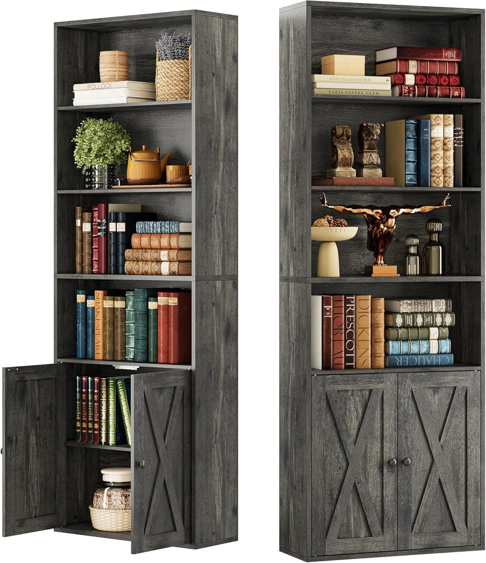 IRONCK Tall Bookshelf 70 in, Bookcases with Doors, Set of 2, Charcoal Grey