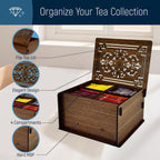 RoyalHouse Premium Wood Tea Storage Box Organizer, Tea Bag Holder Containers (Brown), Eco-Friendly Multi-Functional Decorative Box, 4 Compartments For Assorted Variety Of Small Items | Eco Friendly Design,Functional Organizer,Perfect for Tea Bags & Small