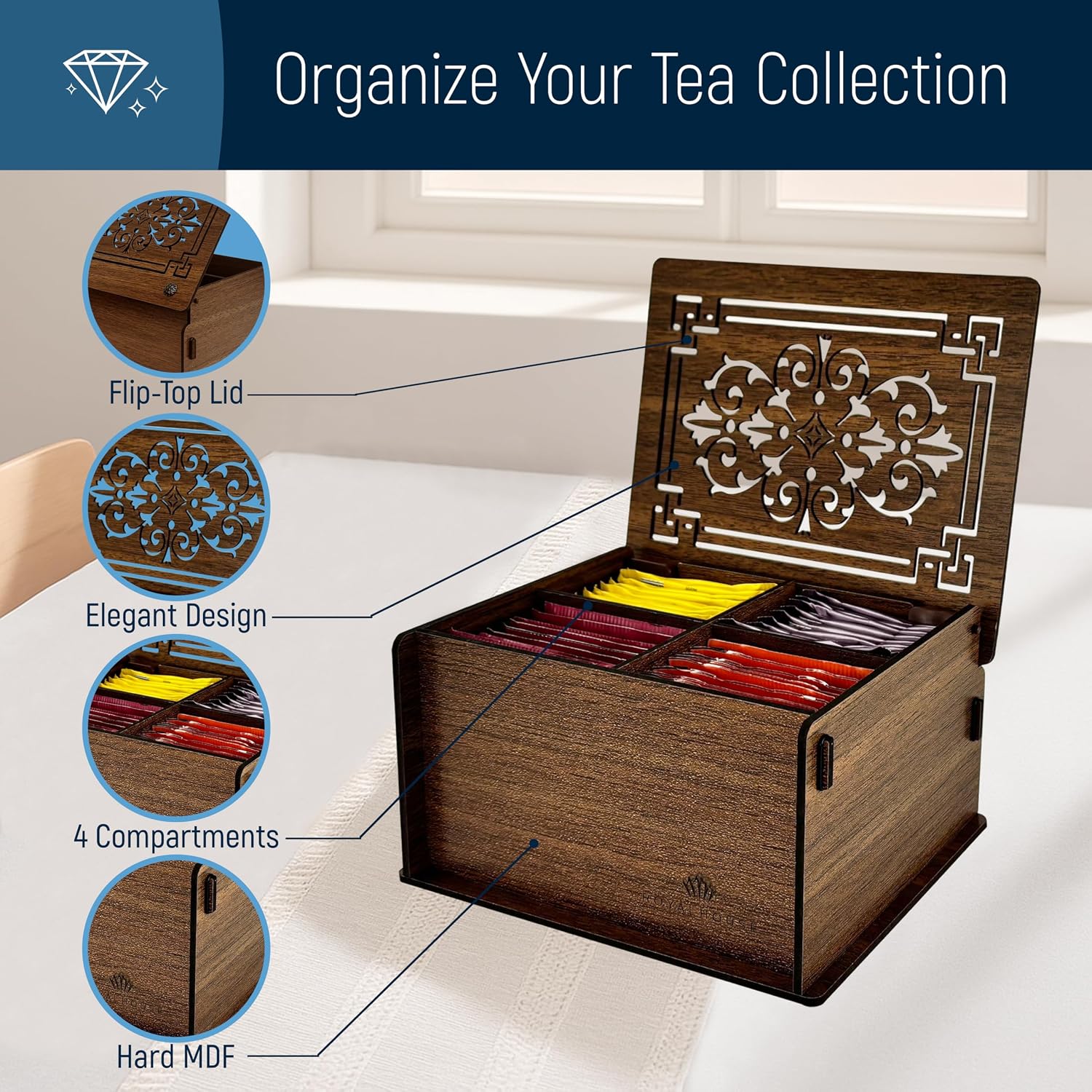 RoyalHouse Premium Wood Tea Storage Box Organizer, Tea Bag Holder Containers (Brown), Eco-Friendly Multi-Functional Decorative Box, 4 Compartments For Assorted Variety Of Small Items | Eco Friendly Design,Functional Organizer,Perfect for Tea Bags & Small
