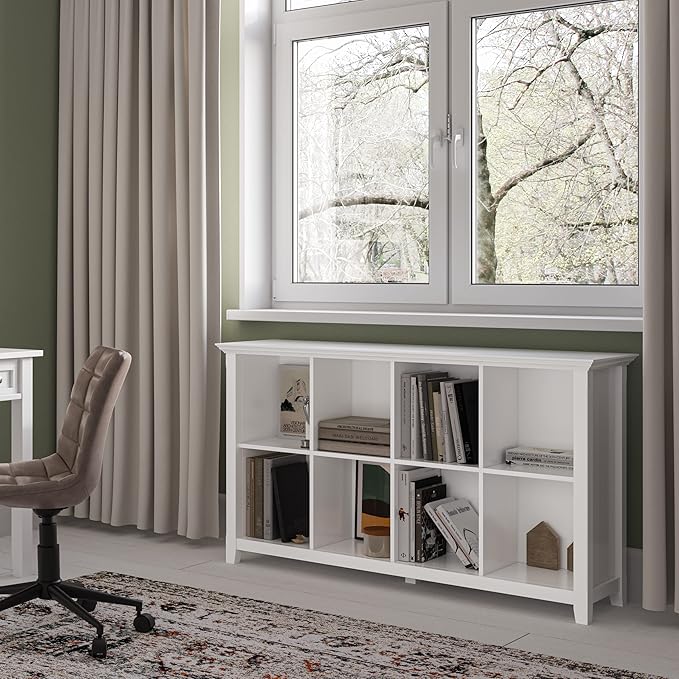 SIMPLIHOME Acadian Console Table - 57 Inch Wide Solid Wood 8-Cube Storage Sofa Table in White, Transitional Storage Unit for Living Room or Bedroom with Grooved Side Panels and Tapered Legs