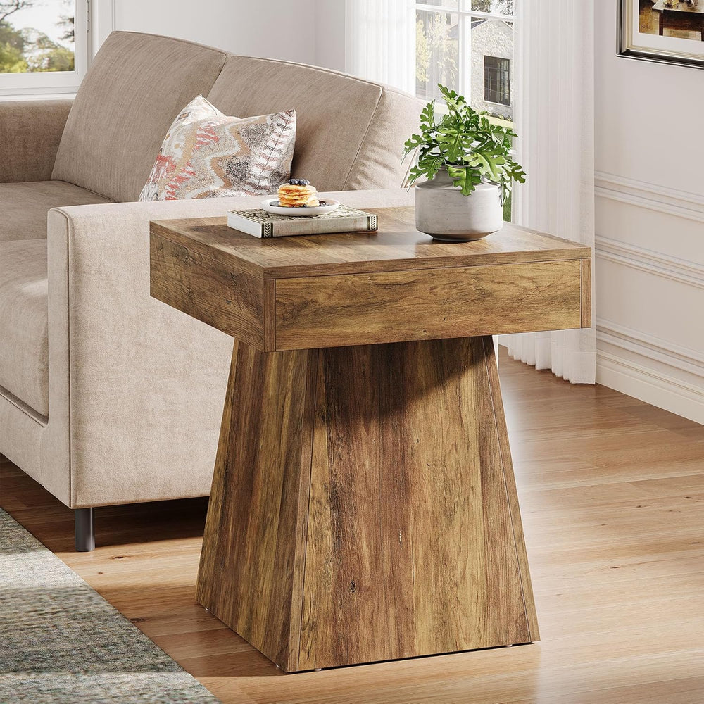 Tribesigns Small End Table, Rustic Square Side Table with Wide Base, Farmhous...