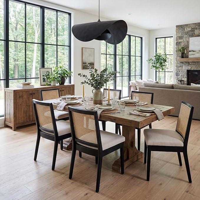 Rattan Dining Chairs Set of 6, Farmhouse Kitchen Chairs with Cane Back, Uphol...