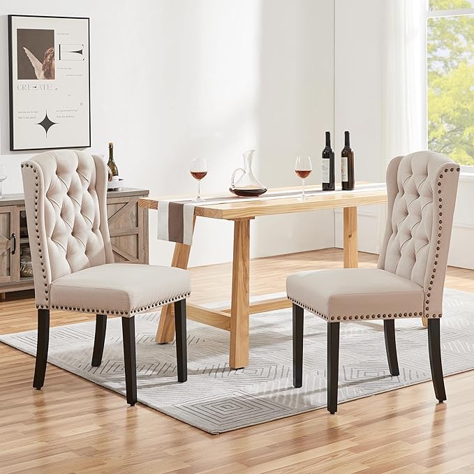 Yaheetech Upholstered Dining Chairs Set of 2 Button Tufted Kitchen Chairs with Solid Wood Legs and Nailhead Trims for Dining Room, Living Room, Restaurant, Beige