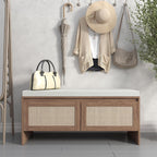SOFTSEA 39.4" Shoe Storage Bench with Rattan Doors & Cushion, Natural | Entryway Bench with 2 Rattan Doors, Padded Seat Cushion, Mid-Century Modern Shoe Cabinet for Hallway, Bedroom, Living Room