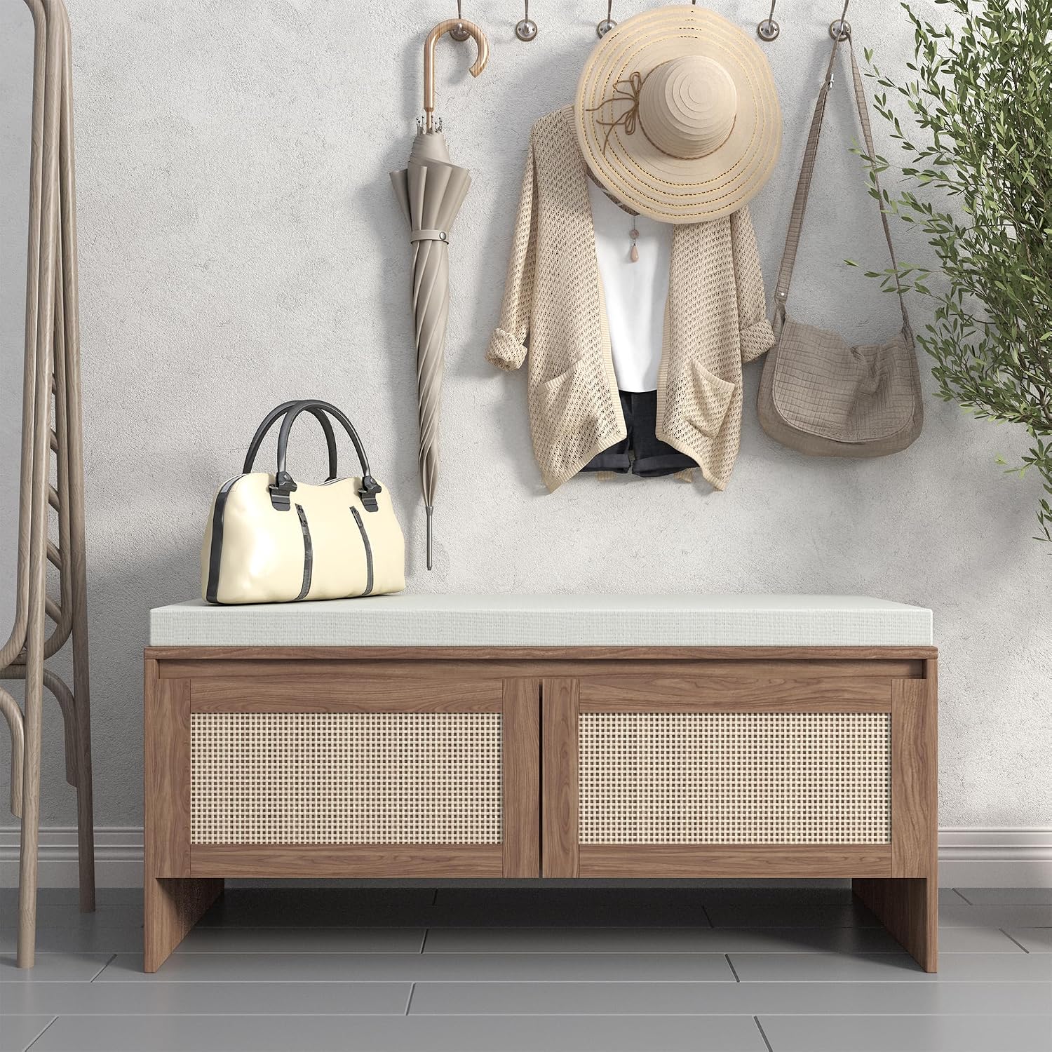 SOFTSEA 39.4" Shoe Storage Bench with Rattan Doors & Cushion, Natural | Entryway Bench with 2 Rattan Doors, Padded Seat Cushion, Mid-Century Modern Shoe Cabinet for Hallway, Bedroom, Living Room