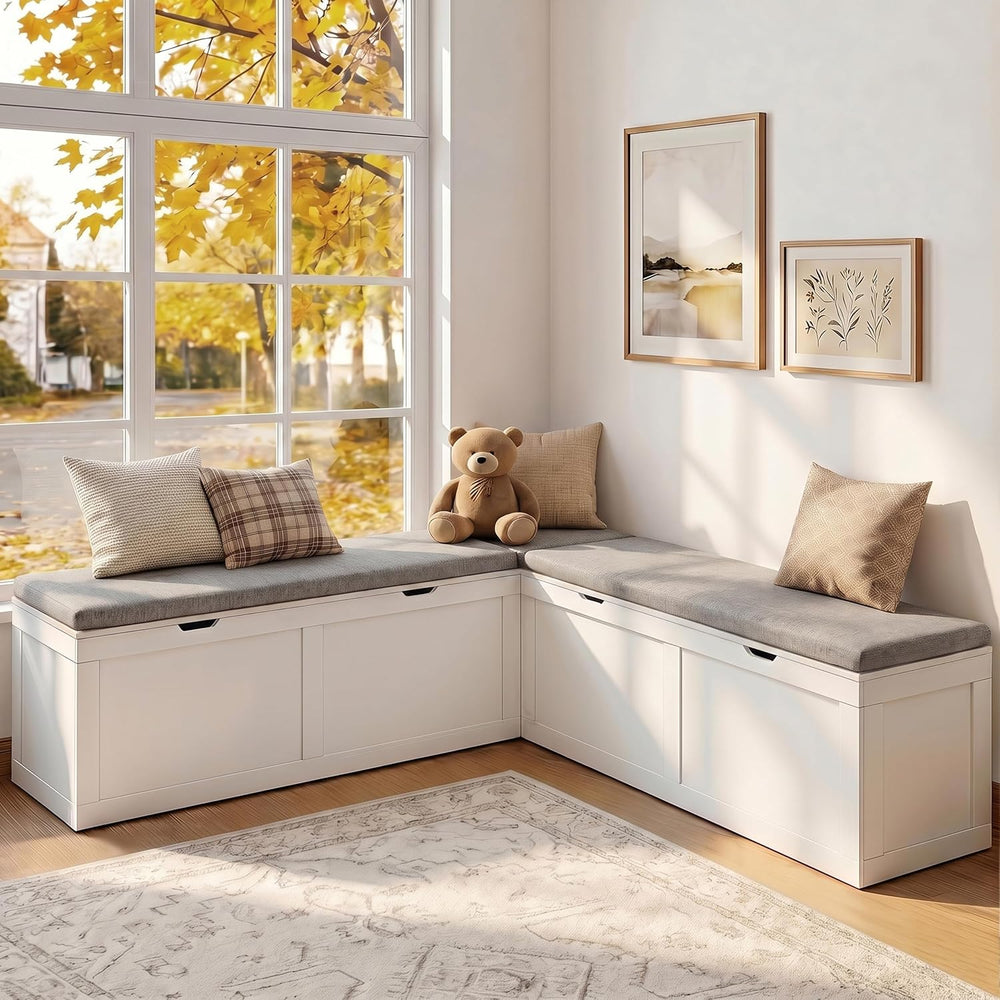 63” Breakfast Nook Bench, L Shaped Storage Bench with Cushion, White | Corner...
