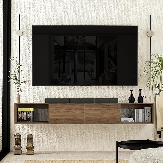 Atelier Mobili Floating TV Stand - Wall Mounted TV Stand for 75 Inch TV - Floating TV Shelf - Modern TV Stands for Living Room - Sleek Entertainment Center Design (Walnut, 2 Doors 2 Shelves)