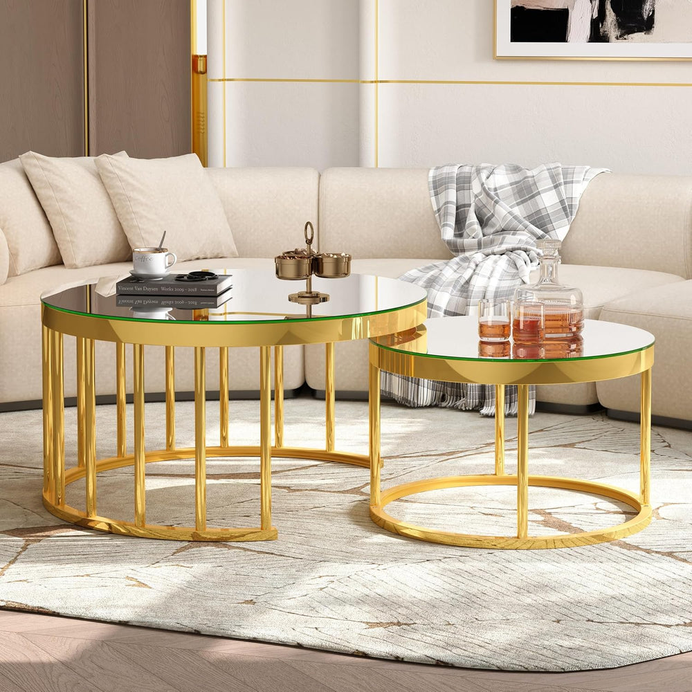 JIVOIT 2-Piece Round Nesting Coffee Table Set with Gold Metal Frame | Modern ...