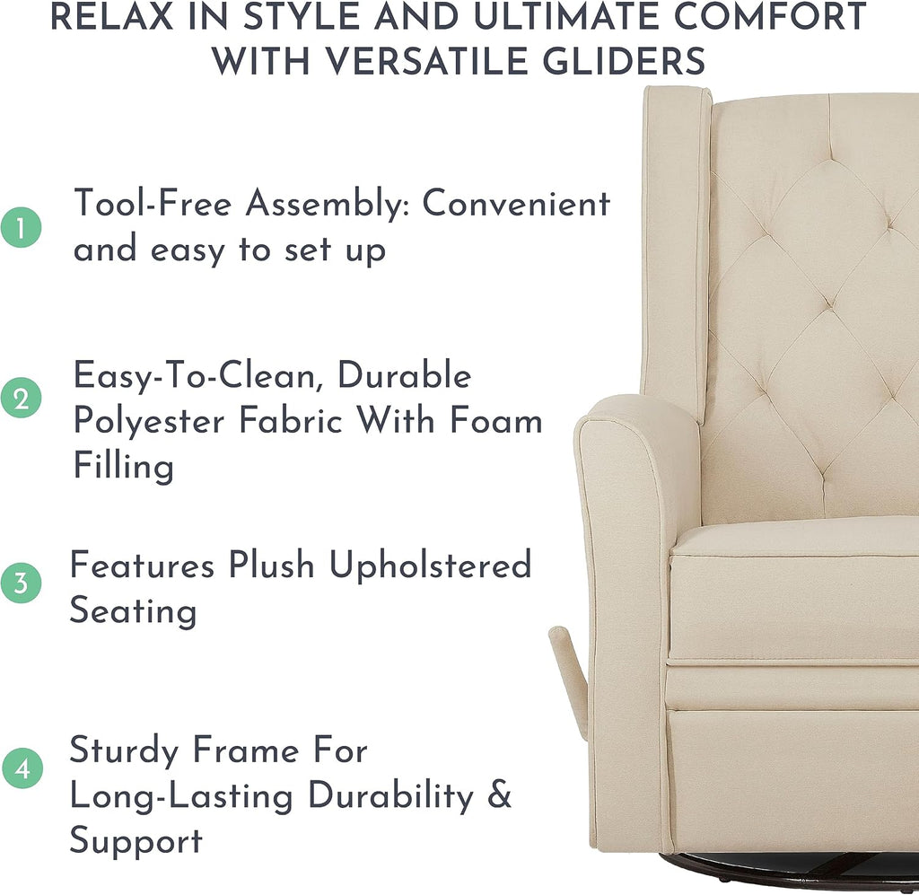 Evolur Linda Upholstered Plush Seating Swivel Glider in Shell, Greenguard Gold Certified, Modern Nursery Glider, Tool-Free Assembly